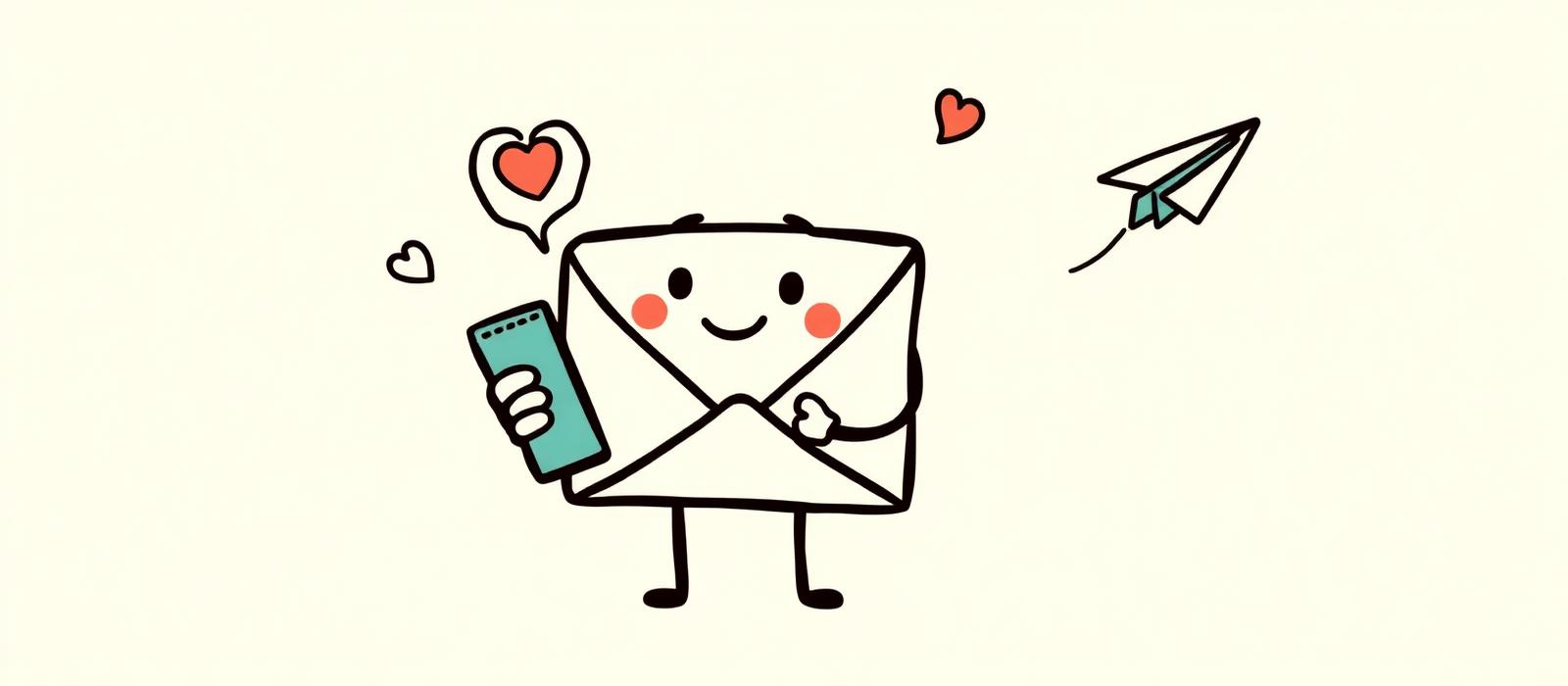 Cartoon envelope character holding a phone